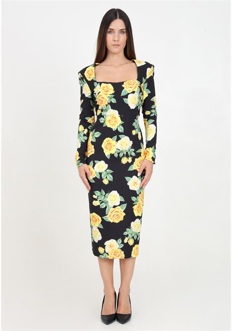 Abito midi nero da donna con fantasia Yellow Rose SHIT | SH2425049YELLOW ROSE